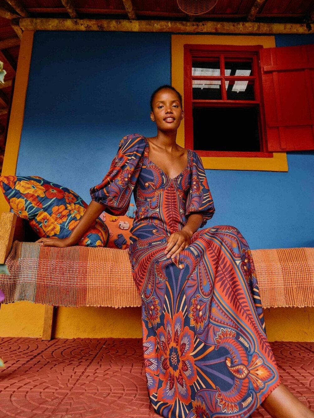 FARM RIO | $240 Macaw Arabesque Puff Sleeve Maxi Dress